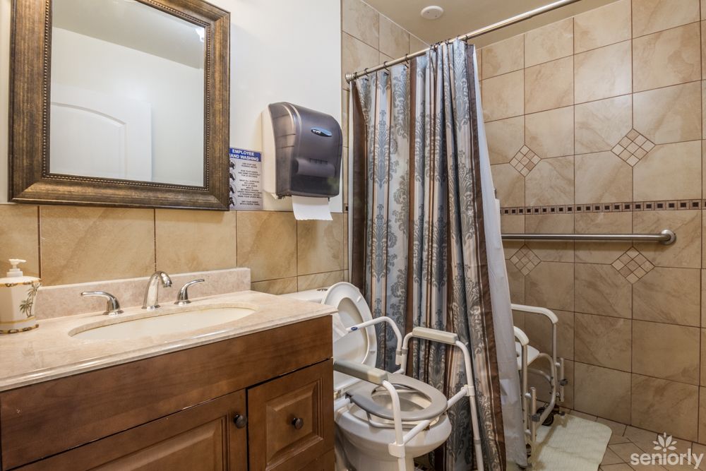 A bathroom featuring a sink with a mirror, a shower area with a curtain, and an accessible toilet setup.