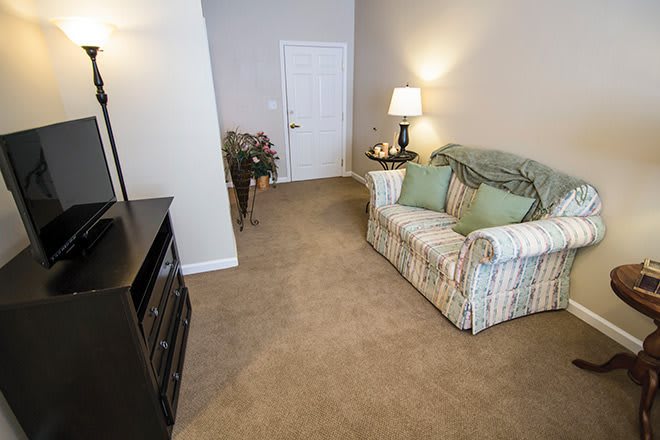 A cozy living room with a patterned sofa, lamp, and soft carpet.