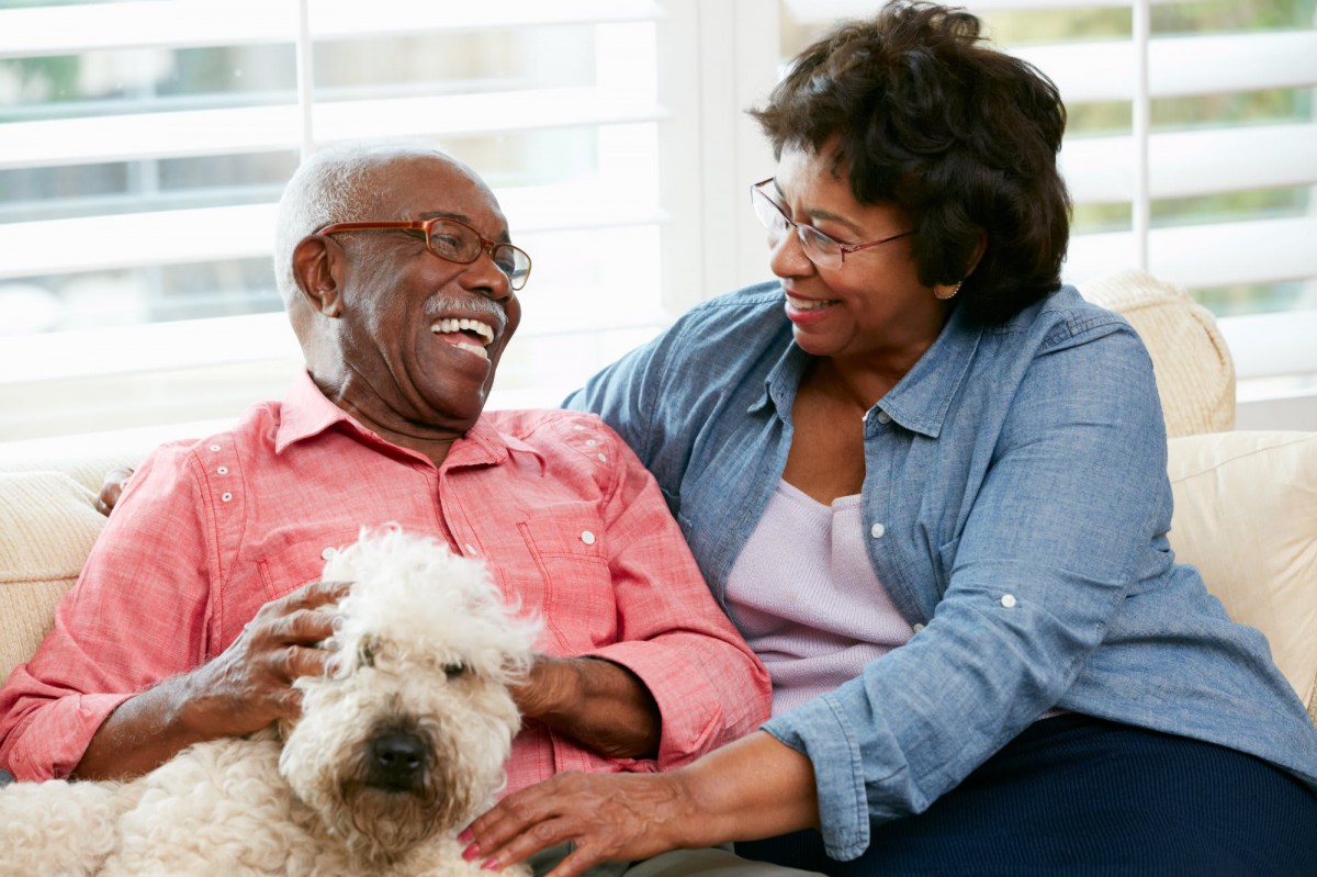 A happy elderly couple sharing a moment with their pet dog indoors.