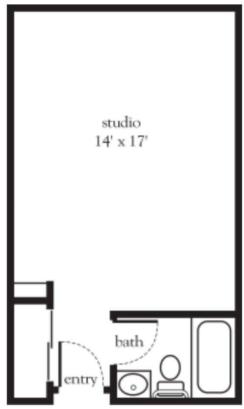 Floor plan of a 14' x 17' studio apartment.