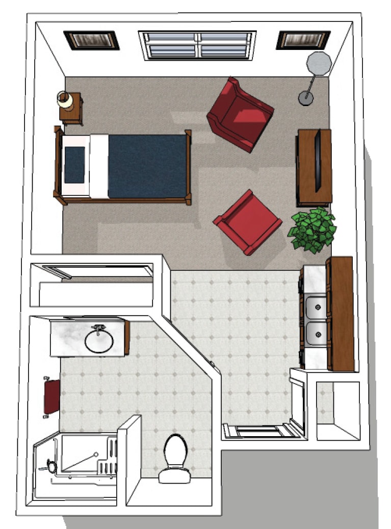 A 3D floor plan of a small apartment featuring a bedroom, bathroom, and living area.