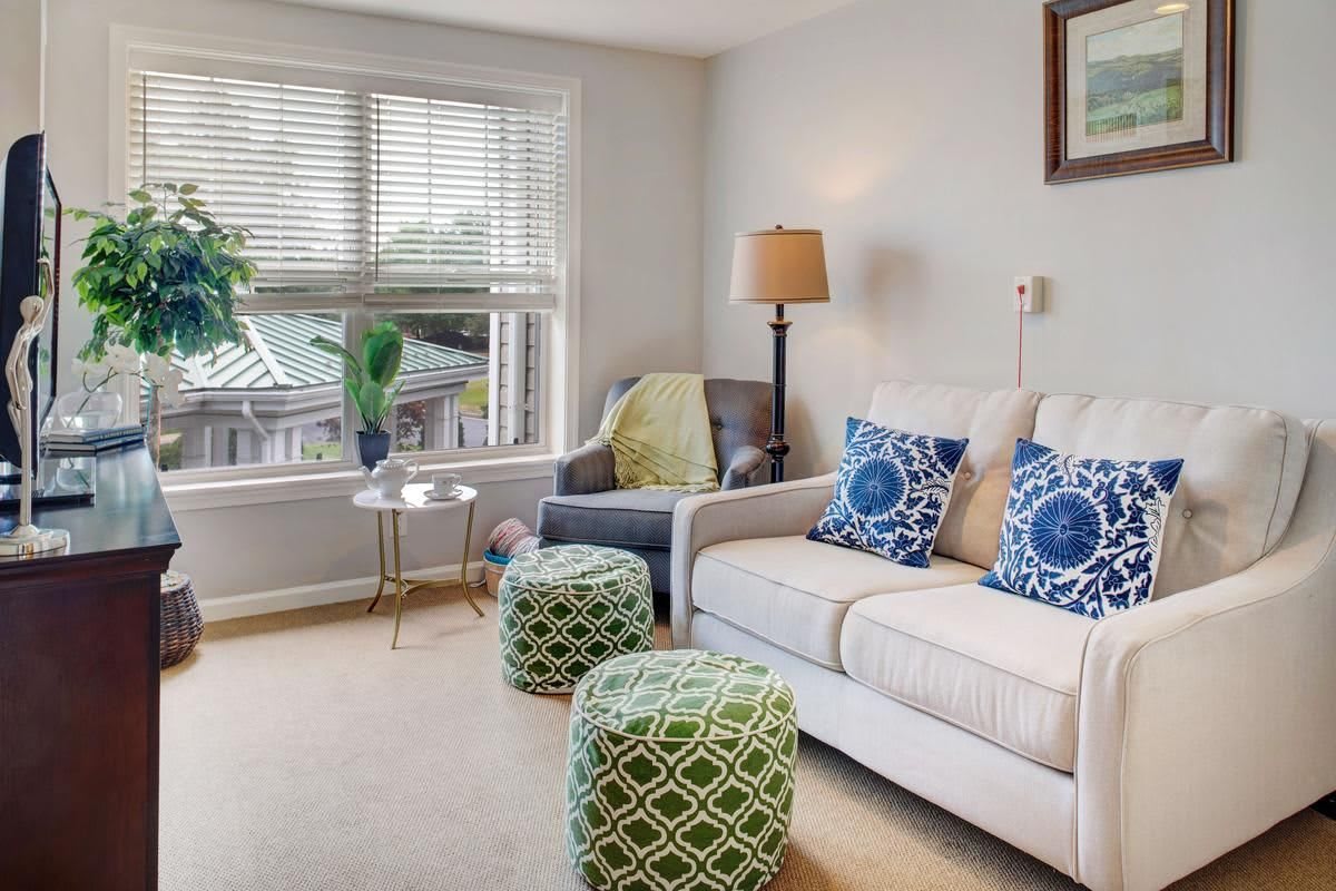 A cozy living room with a sofa and armchair adorned with colorful pillows, accompanied by a floor lamp and vibrant indoor plants near the window.