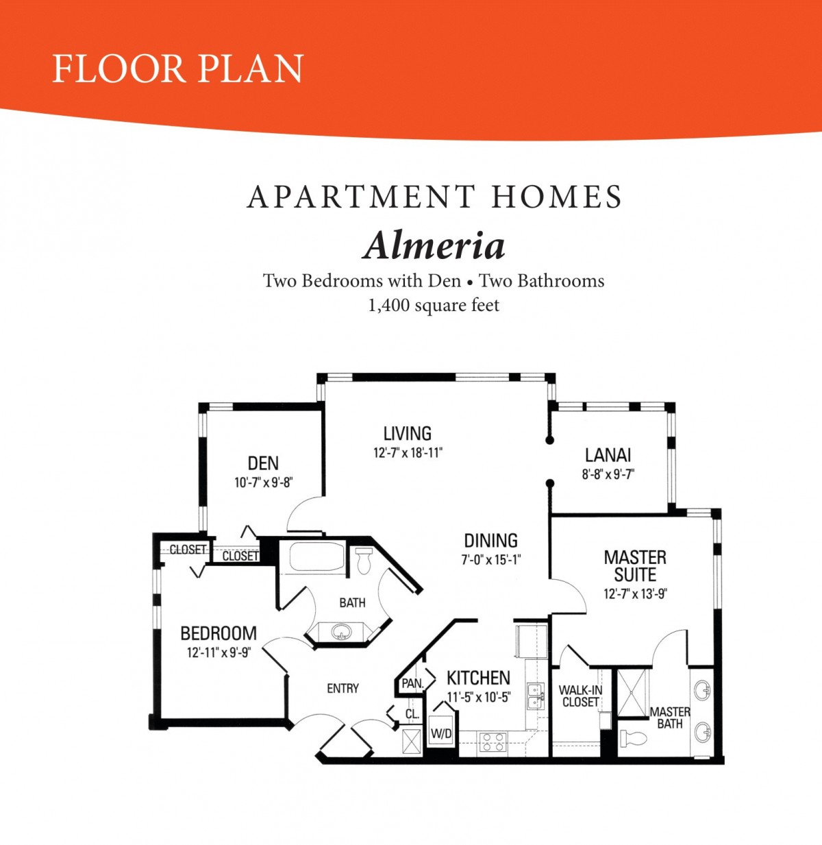 Floor plan of an apartment home featuring two bedrooms and two bathrooms, covering 1,500 square feet.