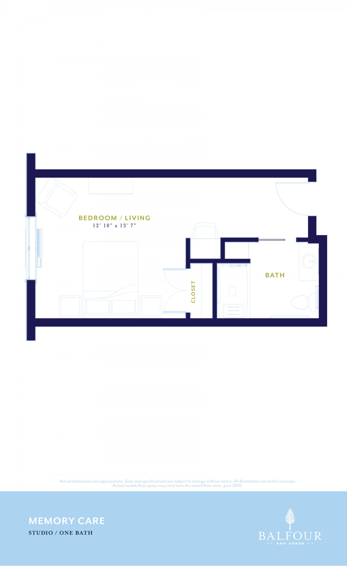 A simple floor plan showing the layout of a space with designated rooms.