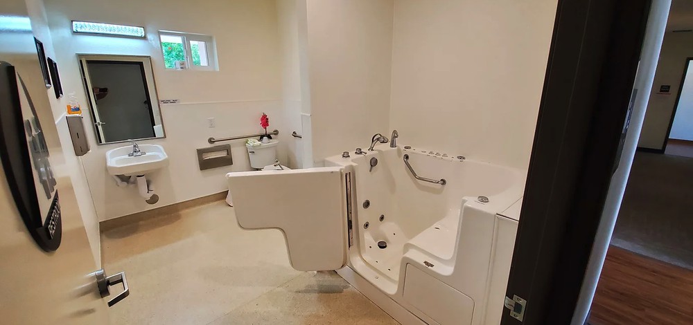 An accessible bathroom featuring a walk-in bathtub designed for elderly or disabled individuals.