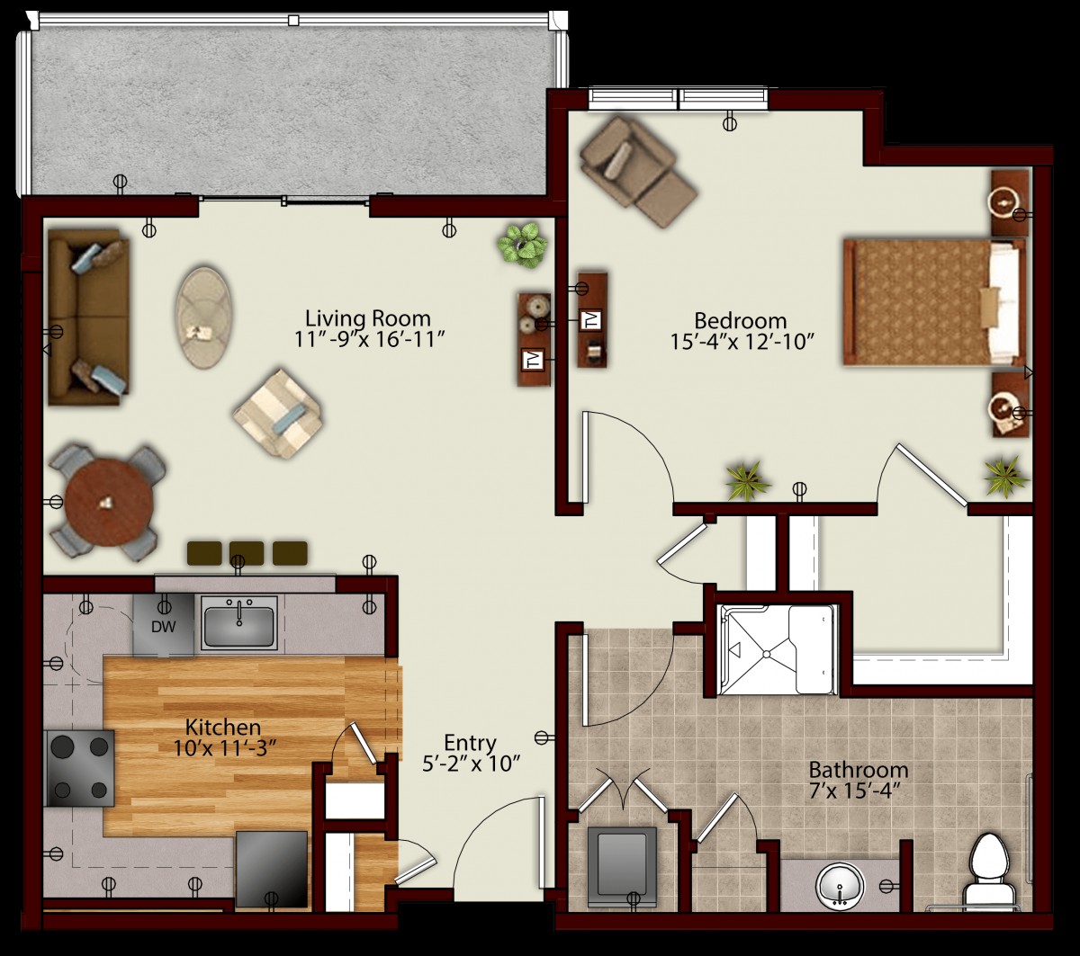 This image shows a detailed floor plan of an apartment including a living room, kitchen, bedroom, and bathroom.