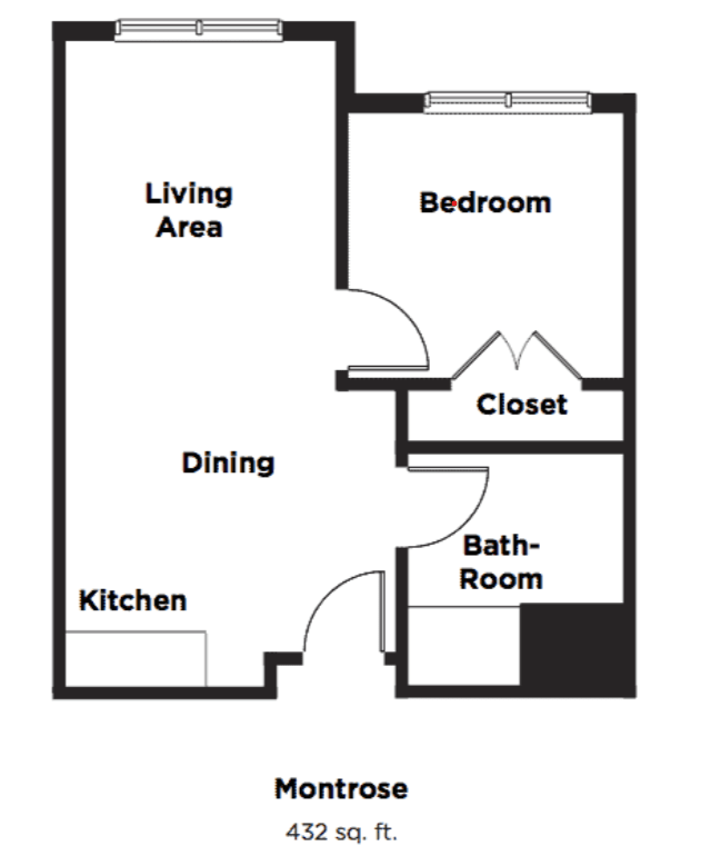 A floor plan of a one-bedroom apartment with labeled areas for the living area, dining, kitchen, bedroom, closet, and bathroom.