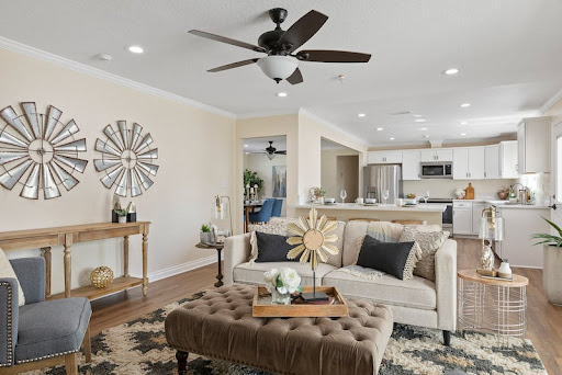 A beautifully designed living room featuring a cozy sofa, stylish coffee table, and an inviting atmosphere.