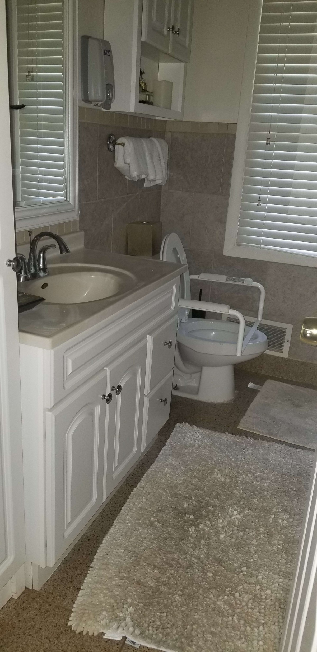 A bathroom featuring a sink with a cabinet, toilet with handrails, and two rugs on the floor.