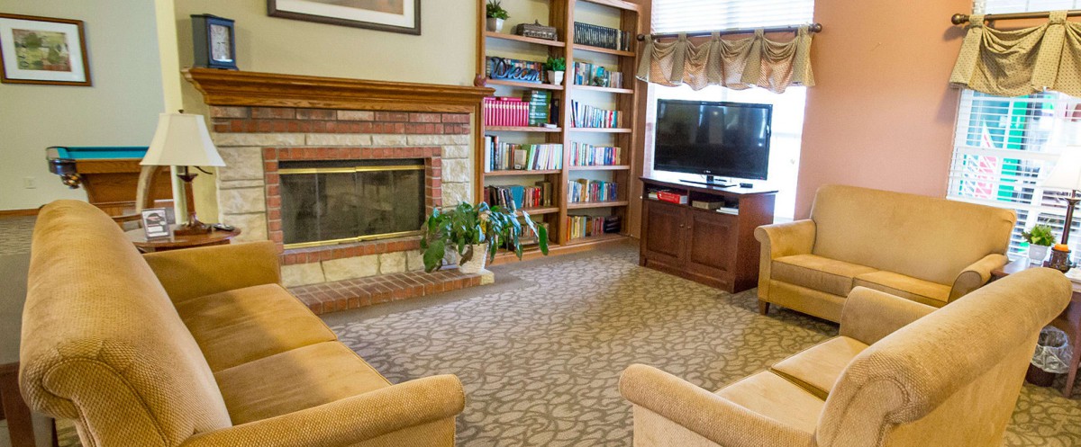 A cozy living room with a fireplace, bookshelves, and a television.