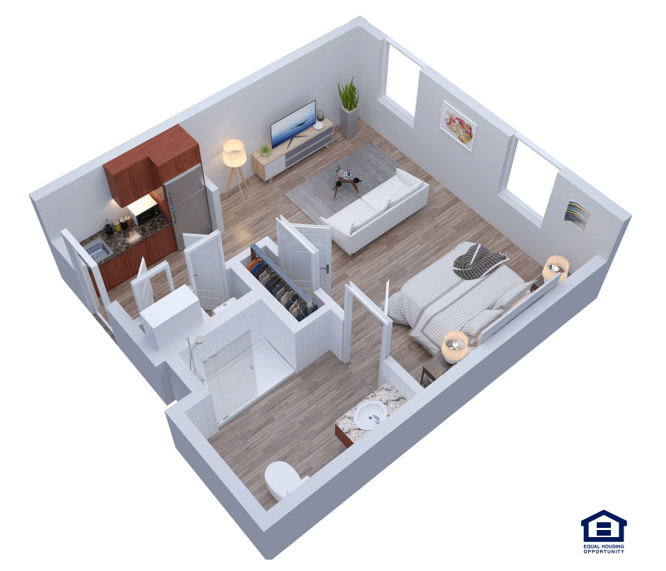 A 3D floor plan of a compact apartment with a living room, kitchen, and bedroom.