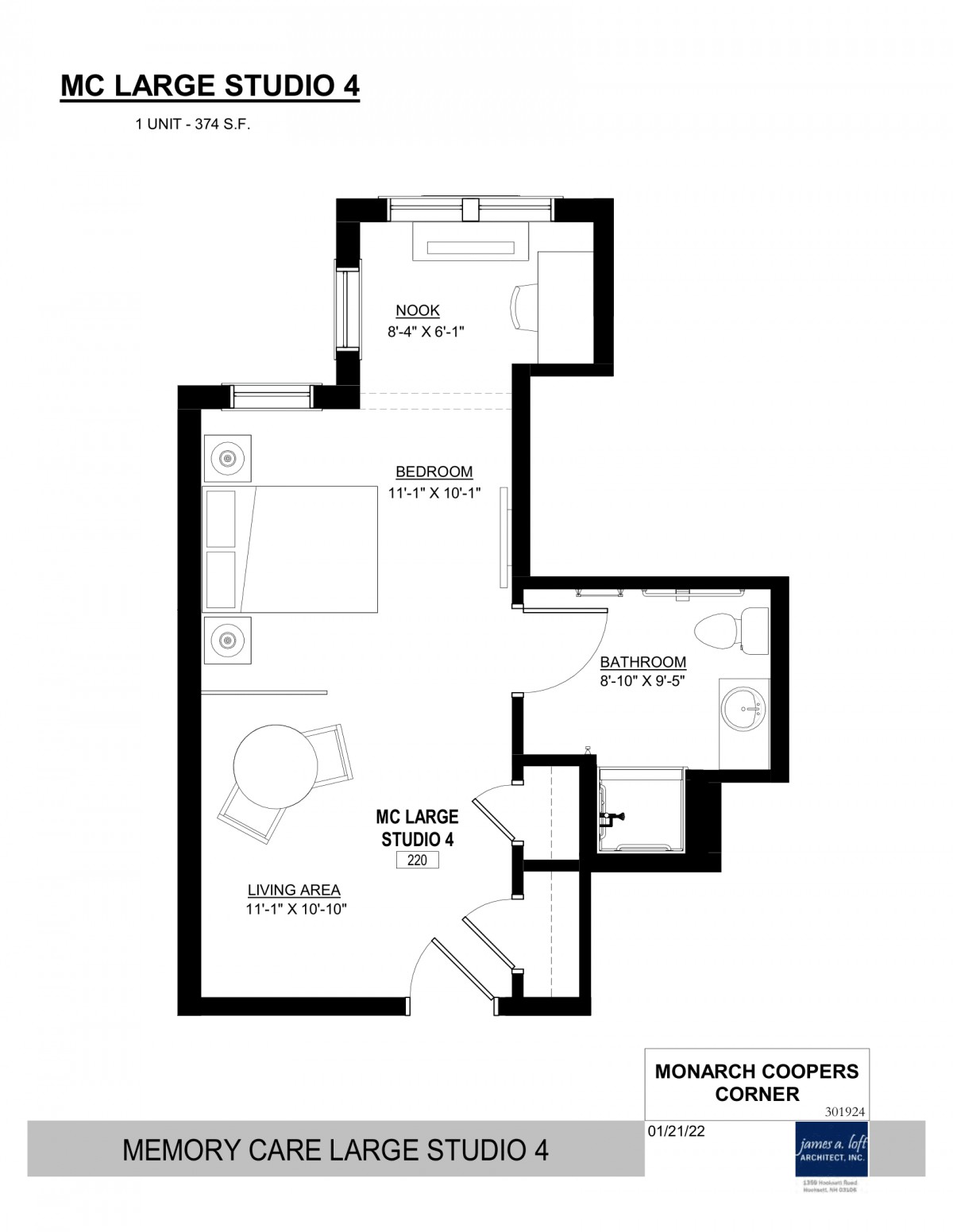 A floor plan illustrating the layout of a compact apartment with designated areas for living, sleeping, and kitchenette.