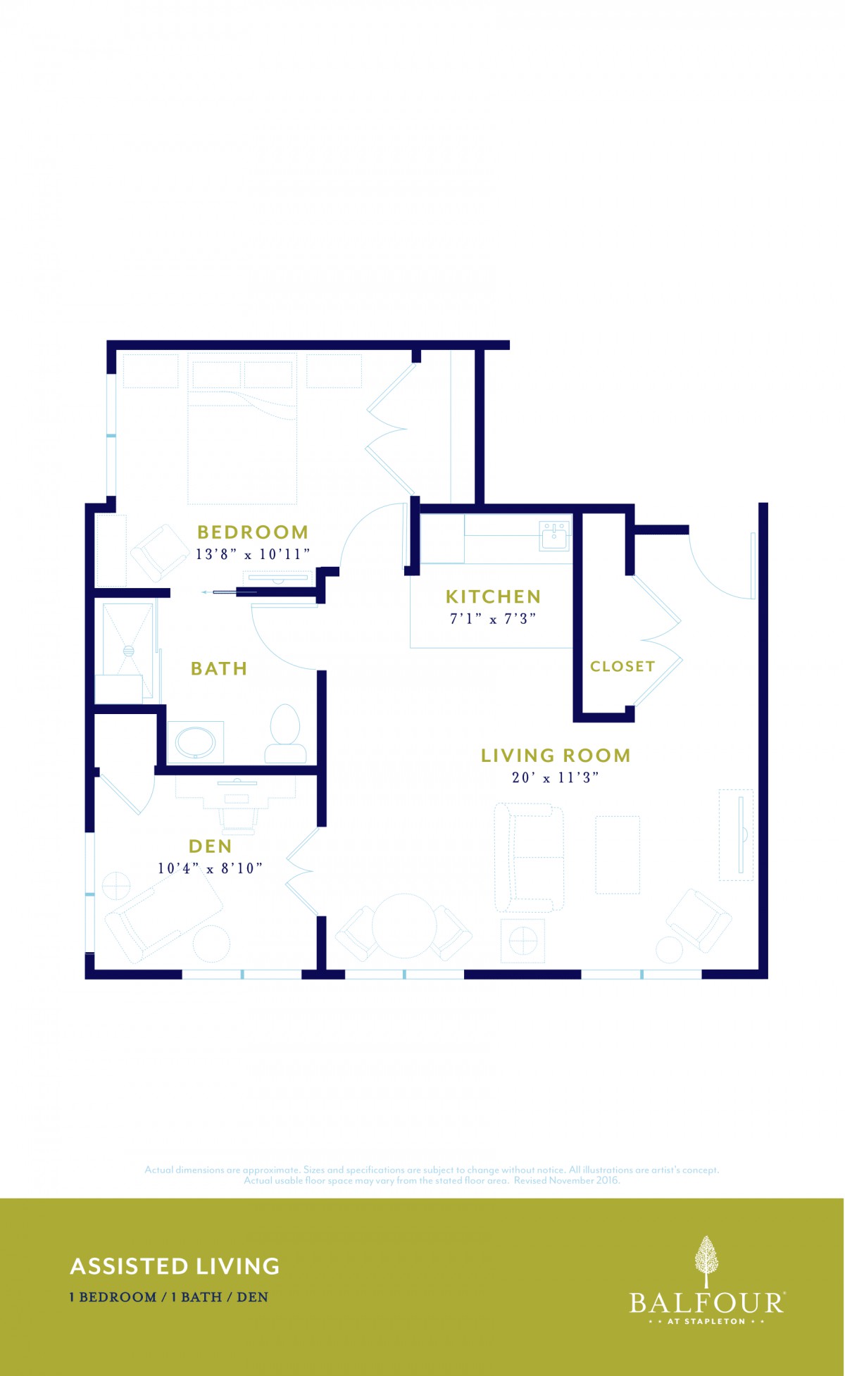 A simple floor plan showing the layout of a compact apartment, including a bedroom, kitchen, living room, and bath.