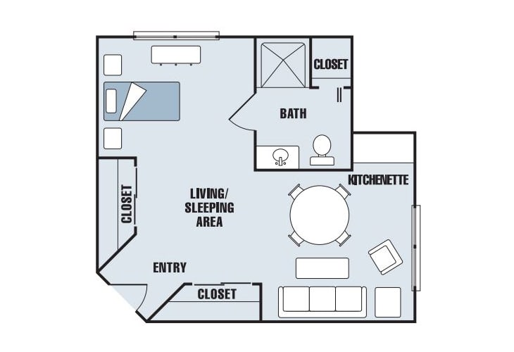 Studio apartment floor plan with a kitchenette, living/sleeping area, bathroom, and closets.