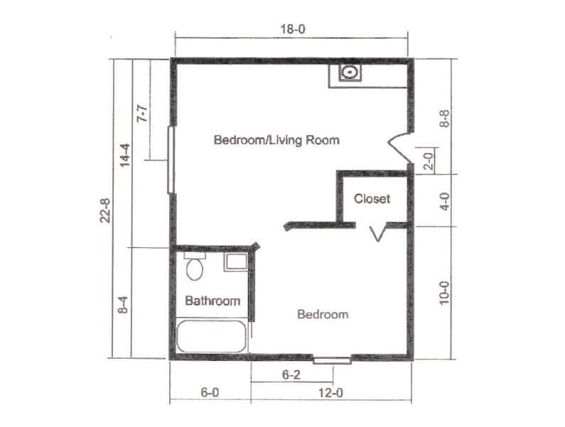 Floor plan illustrating the layout of a residential space with a bedroom/living room, closet, and bathroom.