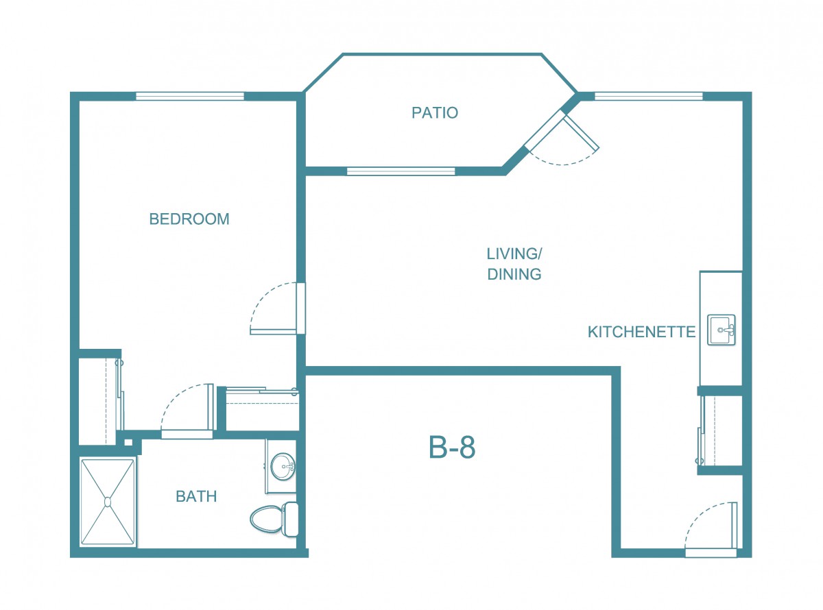 A floor plan of an apartment showing a bedroom, bathroom, kitchen, living/dining area, and patio.