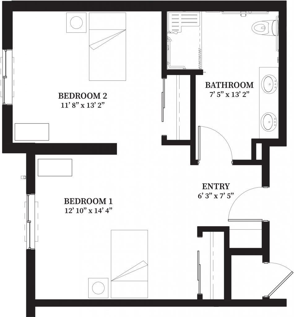 A floor plan of an apartment with two bedrooms, one bathroom, and an entryway.