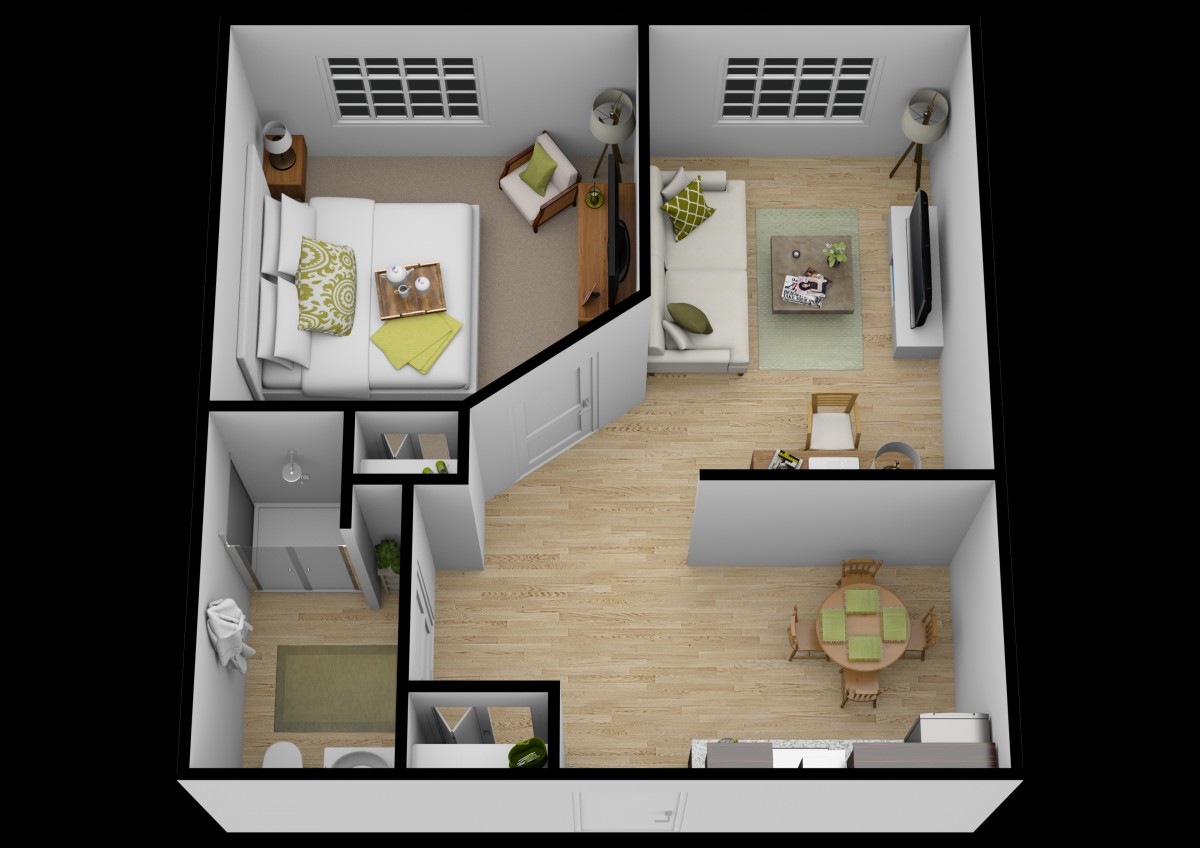 A 3D rendered floor plan of a one-bedroom apartment featuring a living room, kitchen, bathroom, and a bedroom.