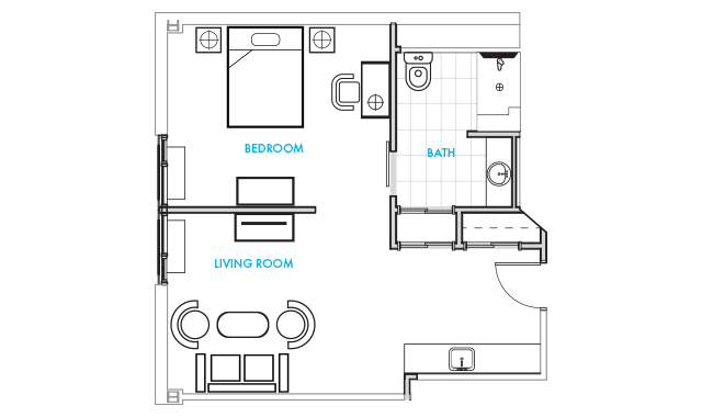 A floor plan of a compact apartment featuring a bedroom, living room, and bathroom.