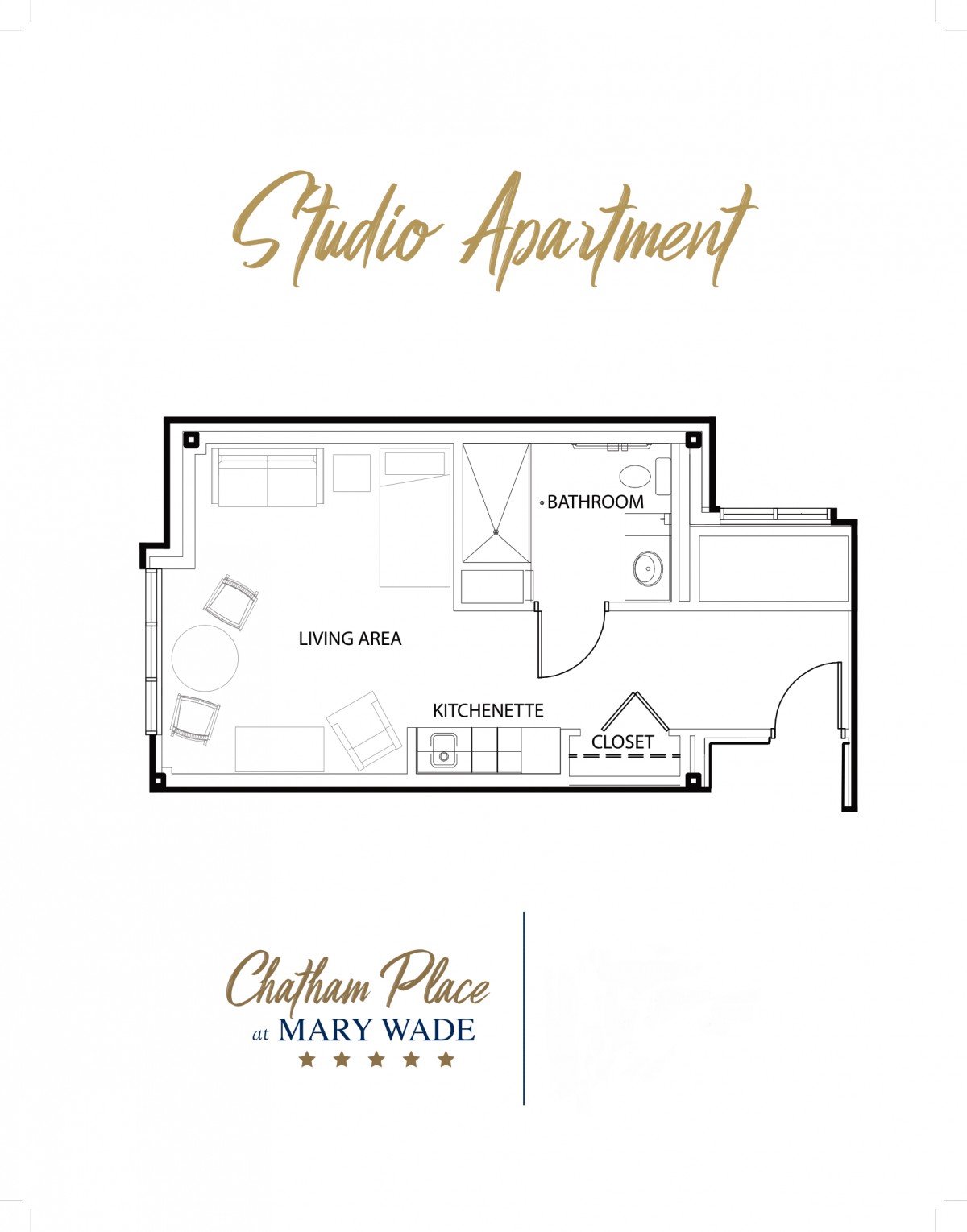 Floor plan of a studio apartment at Chelsea Place Main Vance Homes.