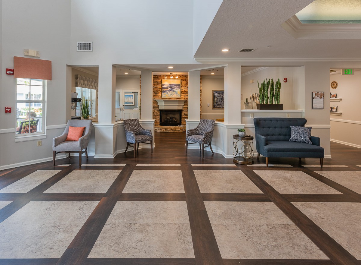 A modern lobby with comfortable seating and stylish decor.