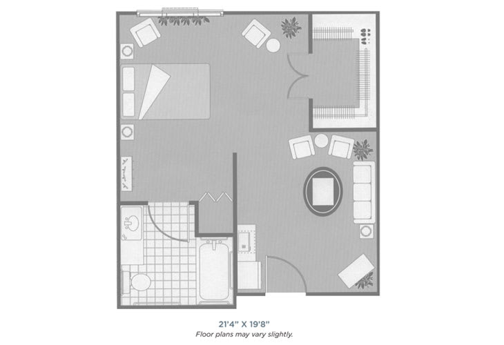 A schematic floor plan of a one-bedroom apartment, featuring a living room, bedroom, and bathroom layout.