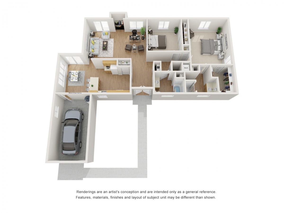 3D floor plan of a single-story house featuring two bedrooms, a garage, and open living spaces.