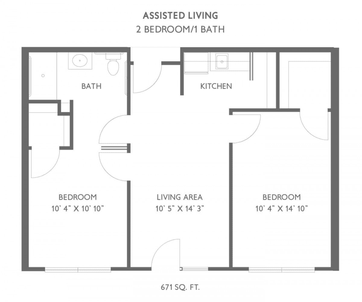 Assisted living floor plan with 2 bedrooms, a bath, kitchen, and living area.