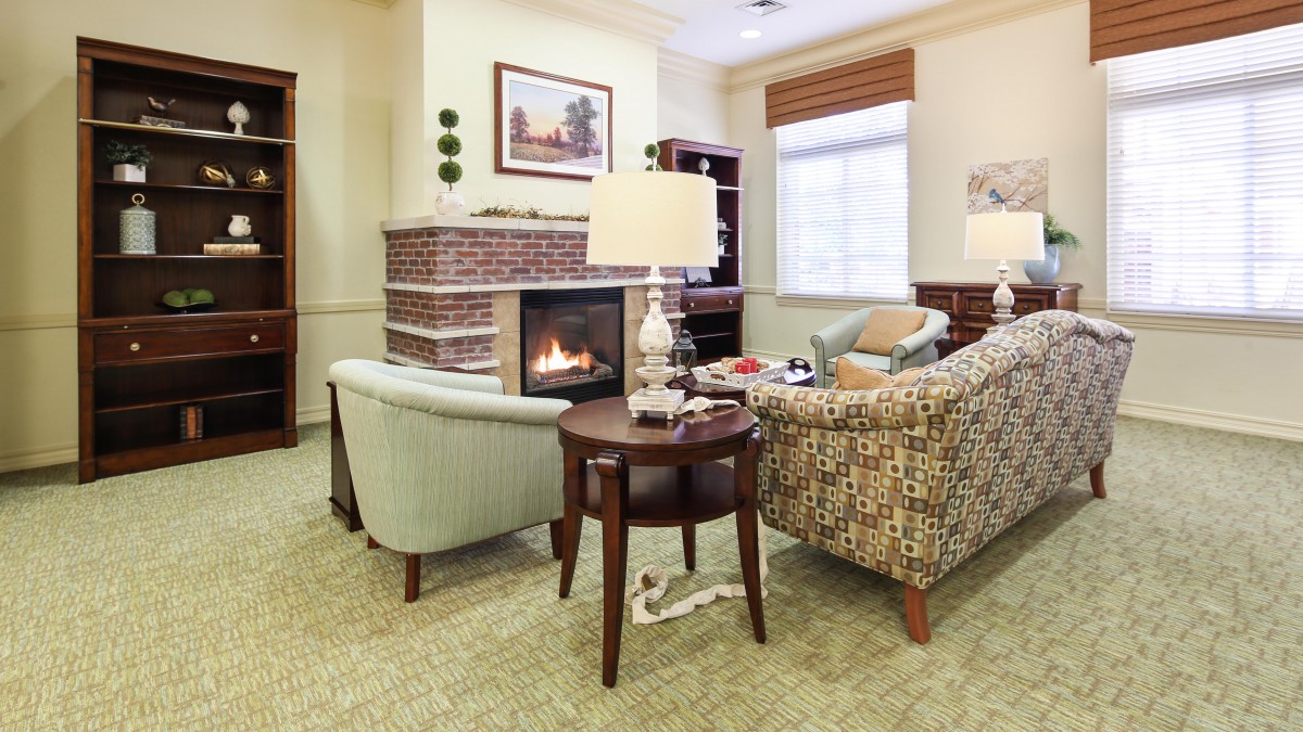 A cozy living room with a fireplace, comfortable seating, and elegant decor.