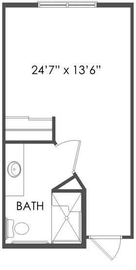 A floor plan sketch showing a room with dimensions and a bathroom layout.