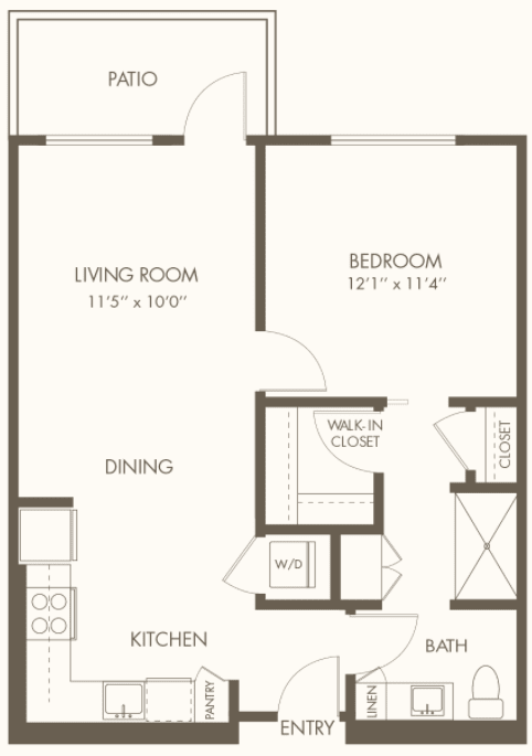 This is a floor plan of a one-bedroom apartment featuring a living room, kitchen with dining area, bathroom, and walk-in closet.