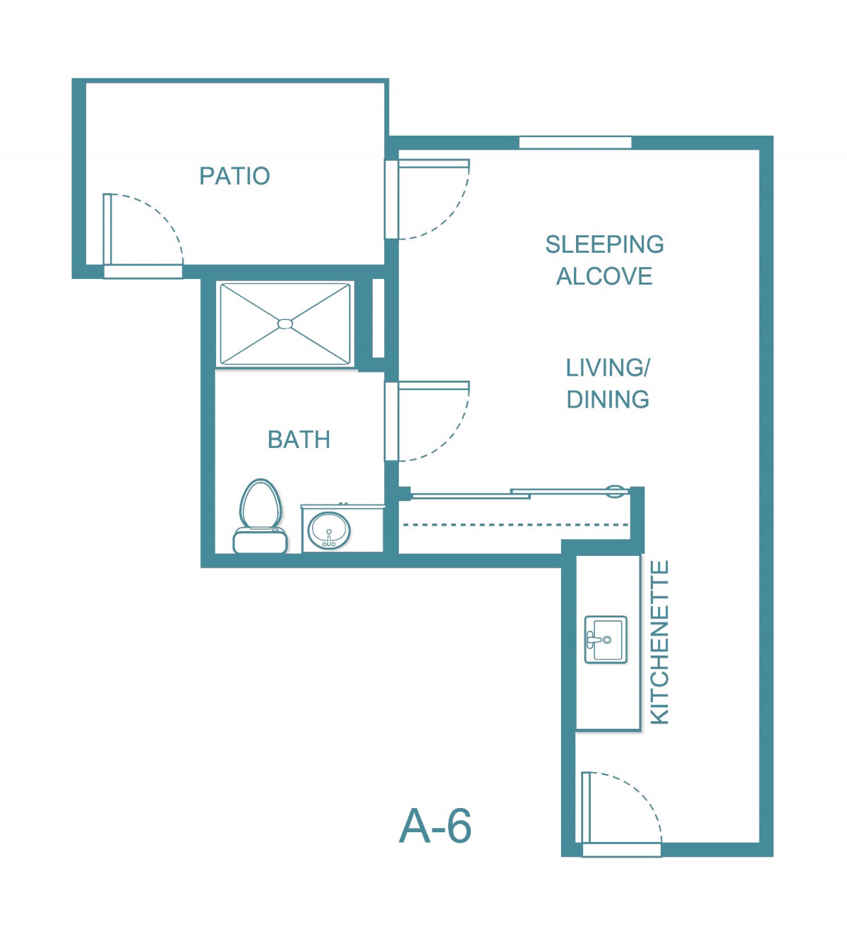A studio apartment floor plan featuring a living and sleeping alcove, kitchenette, bathroom, and patio.