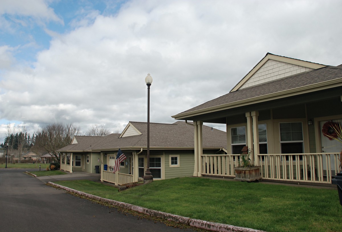 A row of suburban houses with porches, under a cloudy sky.