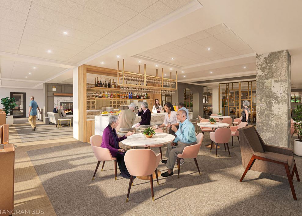 A modern dining area with people enjoying their meals and socializing.
