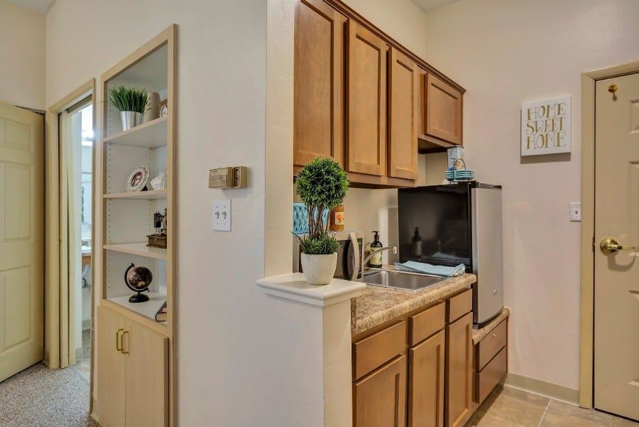 A small kitchen area with wooden cabinets, a mini-fridge, and decorative plants.