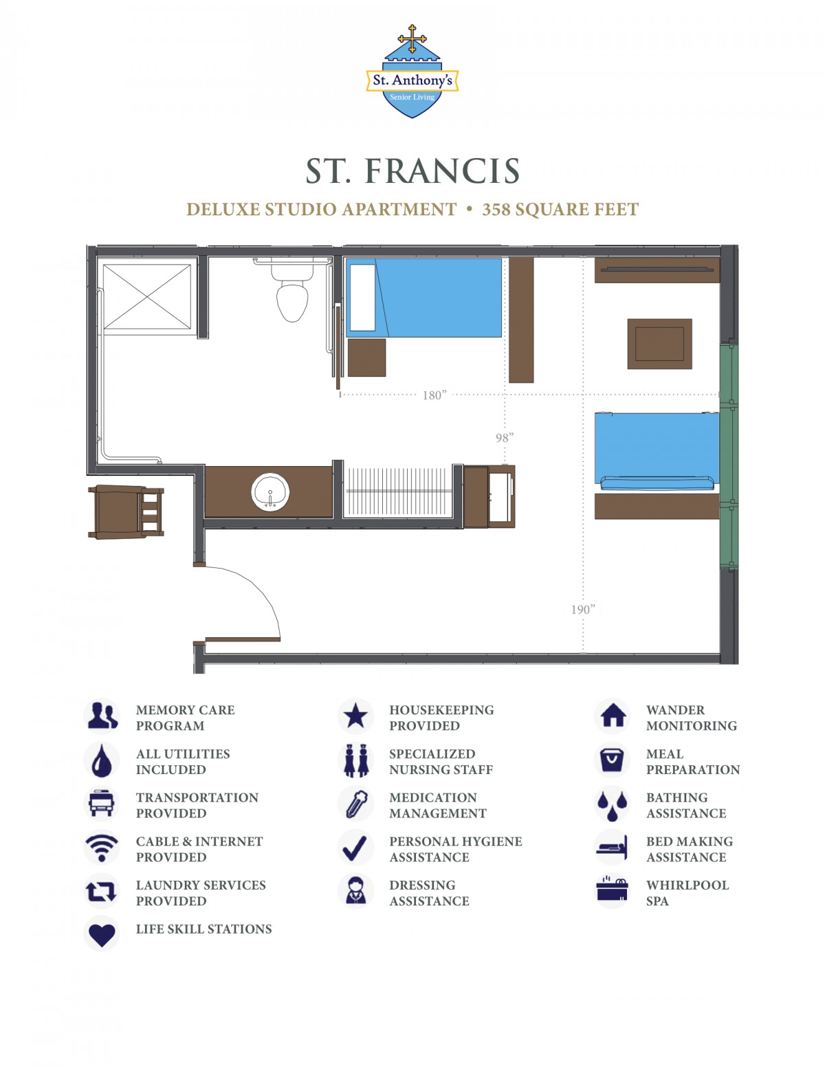 A floor plan of a St. Francis studio apartment featuring a detailed layout with furniture arrangement.