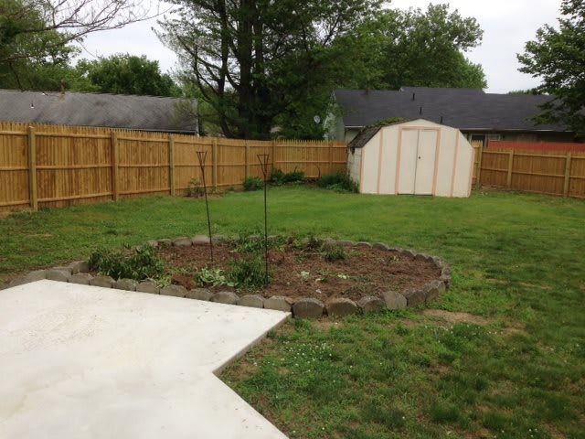 A backyard with a small garden, wooden fence, and storage shed.