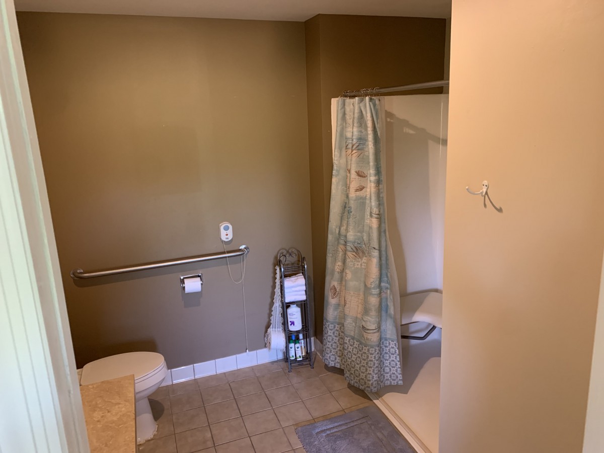 A bathroom with a toilet, shower area with a curtain, and safety grab bar.