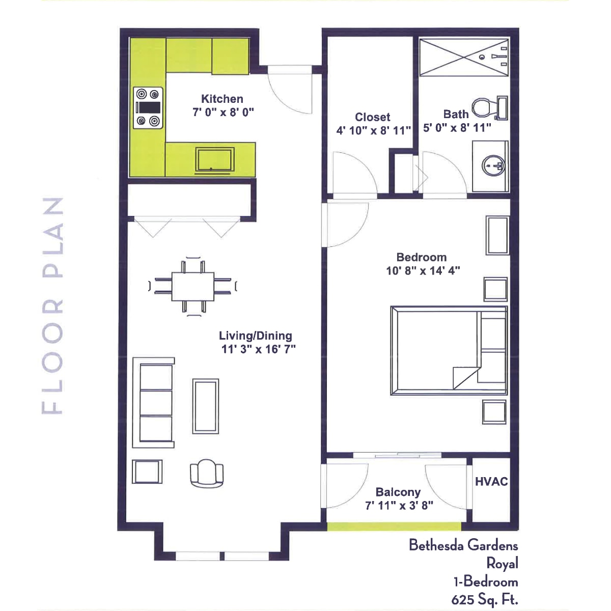 A detailed floor plan of a one-bedroom apartment featuring a kitchen, living/dining area, bathroom, and closet.