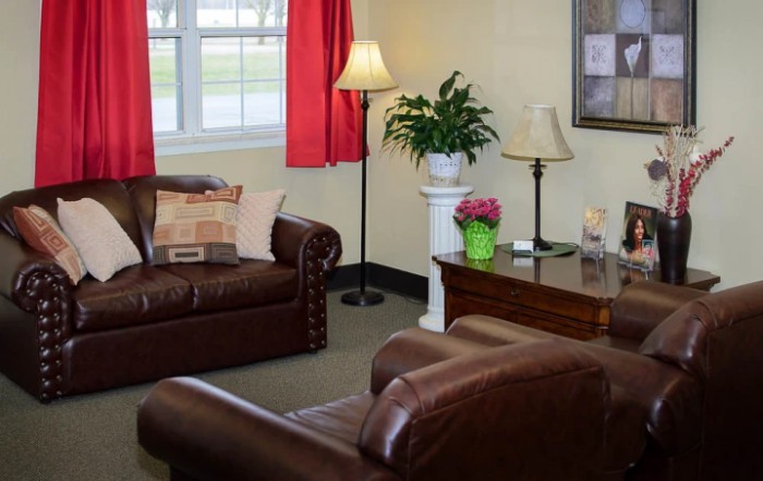 Cozy living room with leather chairs and houseplants.