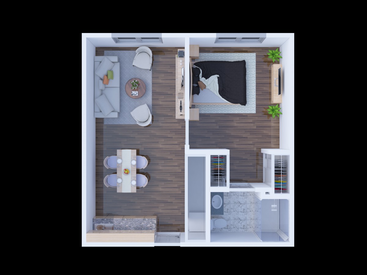 A modern one-bedroom apartment floor plan with a living area, kitchen, bedroom, and bathroom.