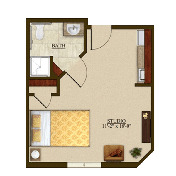 Studio apartment floor plan with bathroom, kitchen area, and living space.