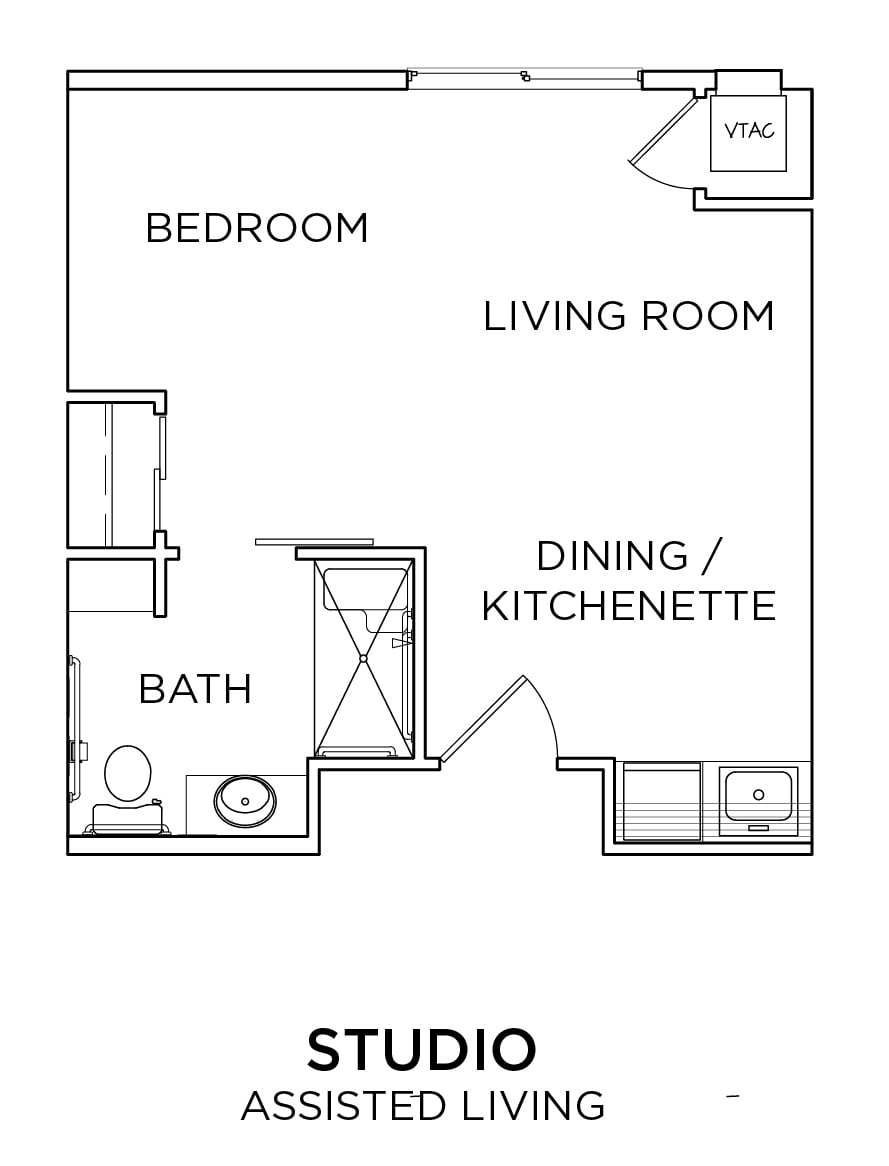 A simple floor plan of a one-bedroom apartment featuring a living room, dining/kitchenette area, and a bathroom.