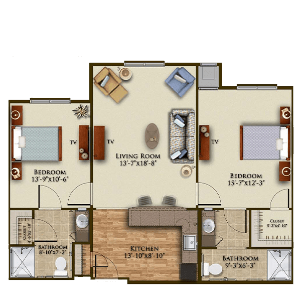 A floor plan of a two-bedroom apartment featuring a living room, kitchen, and bathrooms.