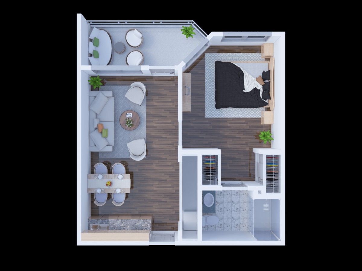 Top view of a modern one-bedroom apartment floor plan with a balcony.