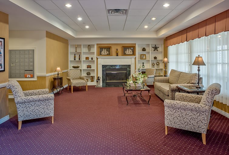 A cozy living room with sofas and armchairs arranged around a fireplace, featuring bookshelves and decorative elements.