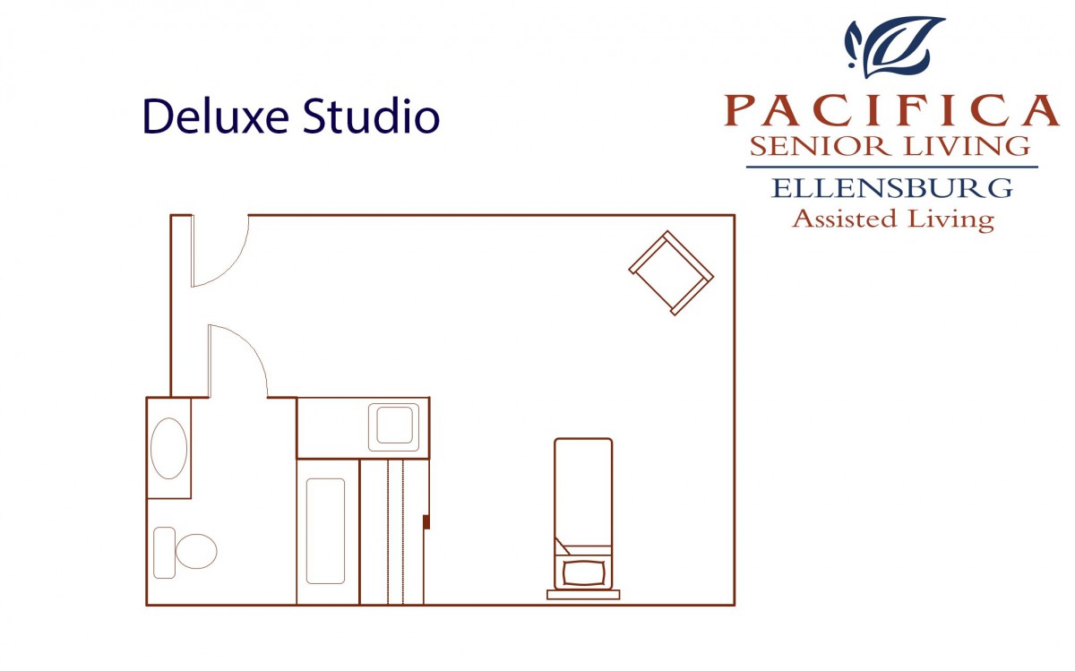 A floor plan for a deluxe studio at Pacifica Senior Living, Ellensburg.