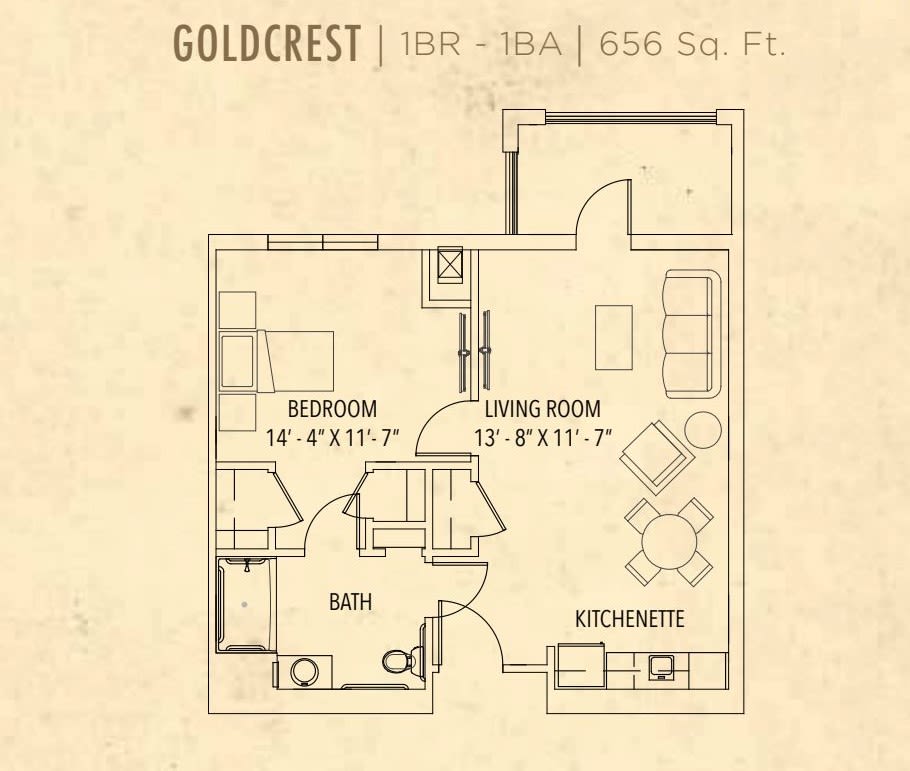 Floor plan of a 1-bedroom, 1-bathroom apartment with a living room and kitchen.