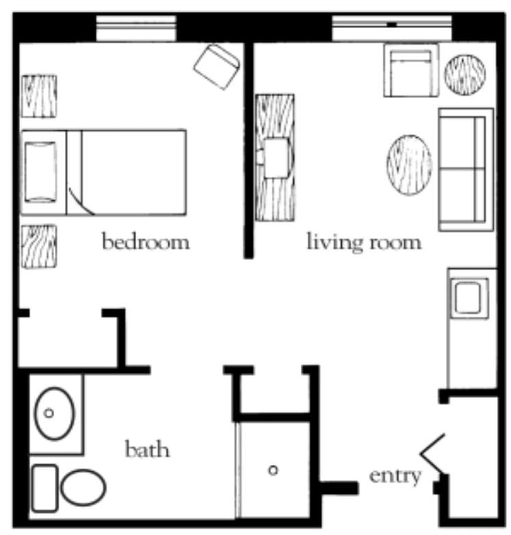 One-bedroom apartment floor plan with living room, bathroom, and entry.