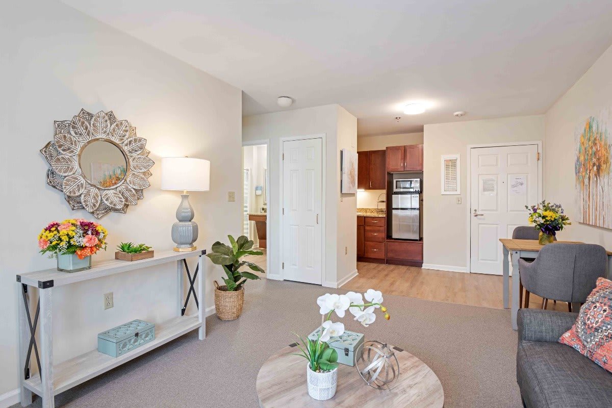 A modern living room interior with stylish decor and furniture.